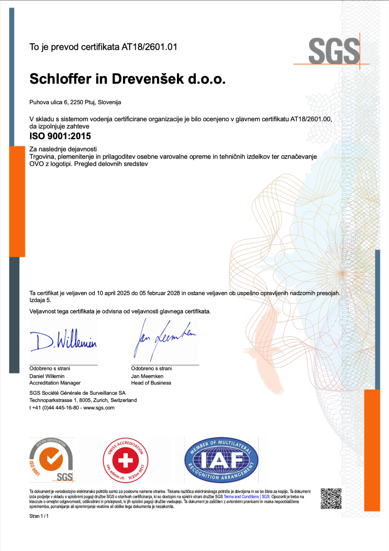 Schloffer ISO 9001 Certifikat